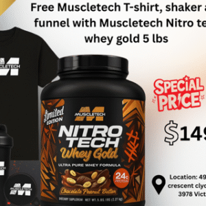 Free Muscletech T-shirt, shaker & funnel with Nitro-Tech 100% Whey Gold By Muscletech